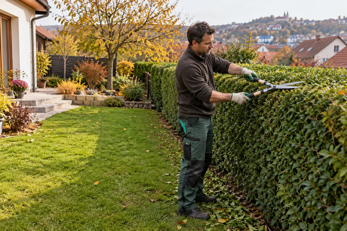 Un jardinero poda un seto junto a una casa unifamiliar en un jardín otoñal
